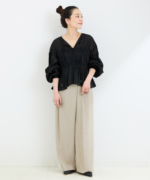 B.C STOCK（ベーセーストック）の「手洗い可 / ボイルティアギャザーパフ袖ブラウス（シャツ/ブラウス・レディース・ブラック/グリーン/ホワイト・FREE）」の4枚目の写真