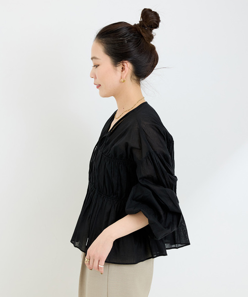 B.C STOCK（ベーセーストック）の「手洗い可 / ボイルティアギャザーパフ袖ブラウス（シャツ/ブラウス・レディース・ブラック/グリーン/ホワイト・FREE）」の8枚目の写真