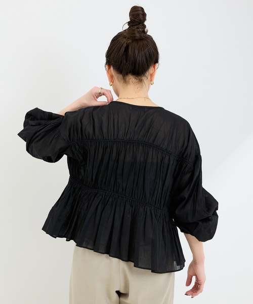 B.C STOCK（ベーセーストック）の「手洗い可 / ボイルティアギャザーパフ袖ブラウス（シャツ/ブラウス・レディース・ブラック/グリーン/ホワイト・FREE）」の10枚目の写真