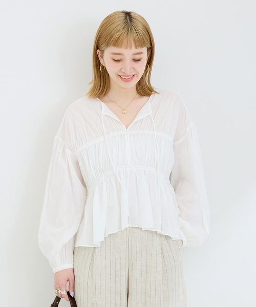 B.C STOCK（ベーセーストック）の「手洗い可 / ボイルティアギャザーパフ袖ブラウス（シャツ/ブラウス・レディース・ブラック/グリーン/ホワイト・FREE）」の14枚目の写真