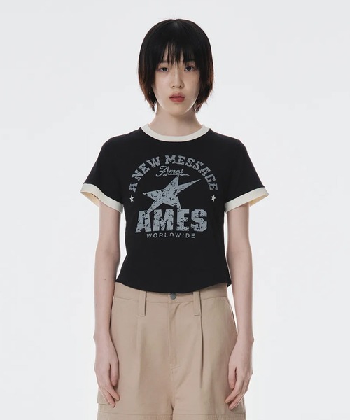 AMESWORLDWIDE(アメスワールドワイド)の「A'GEM/9 × .kom 『AMESWORLDWIDE/アメスワールドワイド』 VINTAGE STAR TEE/ヴィンテージスターTEE(Tシャツ/カットソー・レディース・アイボリー/ブラック/グレー・S/M)」の2枚目の写真