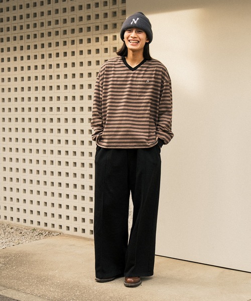 Nanmo.(ナンモ)の「DRAW MULTI-BORDER V-NECK L/S TEE /ドローコードマルチボーダーVネックロンT(Tシャツ/カットソー・メンズ・ブラック/ブラウン・MEDIUM/LARGE)」の21枚目の写真