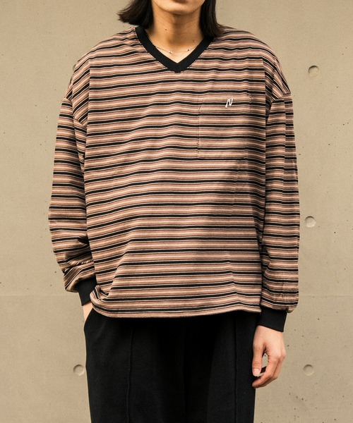 Nanmo.(ナンモ)の「DRAW MULTI-BORDER V-NECK L/S TEE /ドローコードマルチボーダーVネックロンT(Tシャツ/カットソー・メンズ・ブラック/ブラウン・MEDIUM/LARGE)」の19枚目の写真