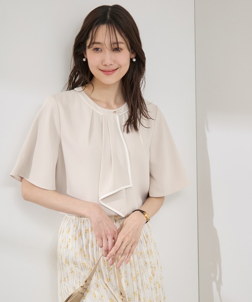 セール】【WEB限定サイズ】配色ボウタイ風ハーフスリーブブラウス/通勤