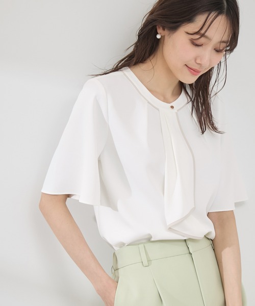 セール】【WEB限定サイズ】配色ボウタイ風ハーフスリーブブラウス/通勤