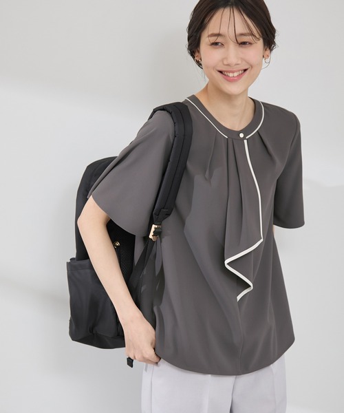 セール】【WEB限定サイズ】配色ボウタイ風ハーフスリーブブラウス/通勤