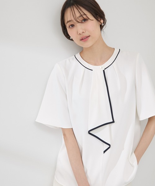 WEB限定サイズ】配色ボウタイ風ハーフスリーブブラウス/通勤対応