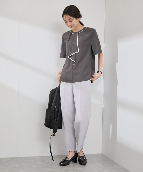 セール】【WEB限定サイズ】配色ボウタイ風ハーフスリーブブラウス/通勤