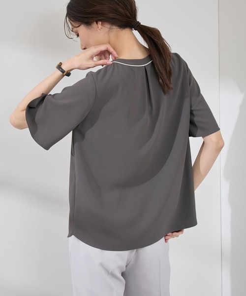 セール】【WEB限定サイズ】配色ボウタイ風ハーフスリーブブラウス/通勤