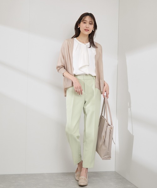 WEB限定サイズ】配色ボウタイ風ハーフスリーブブラウス/通勤対応