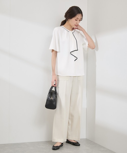 WEB限定サイズ】配色ボウタイ風ハーフスリーブブラウス/通勤対応