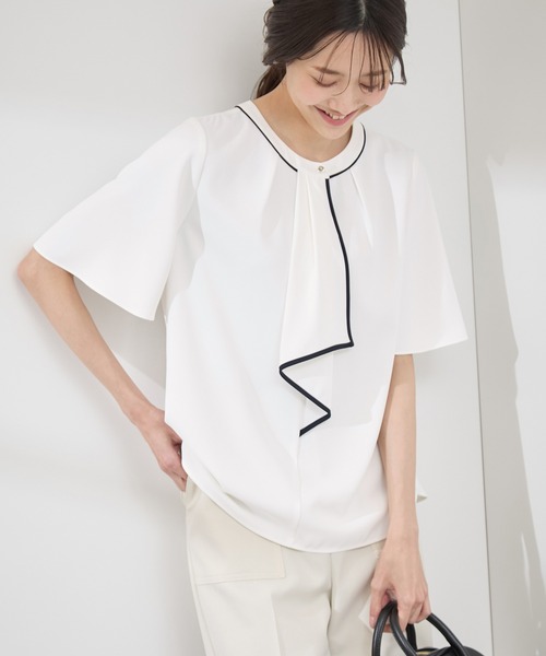 WEB限定サイズ】配色ボウタイ風ハーフスリーブブラウス/通勤対応
