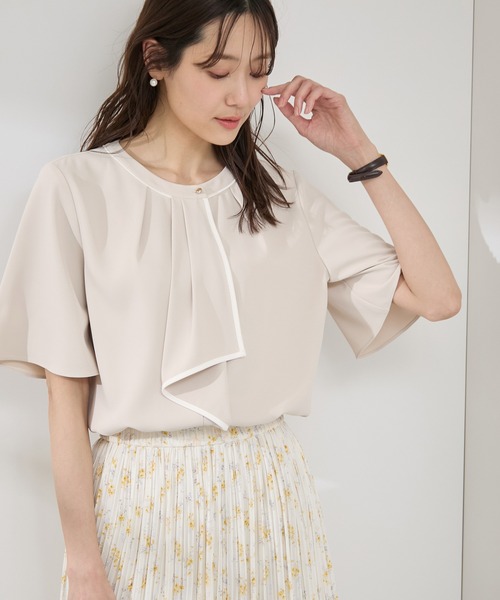 WEB限定サイズ】配色ボウタイ風ハーフスリーブブラウス/通勤対応