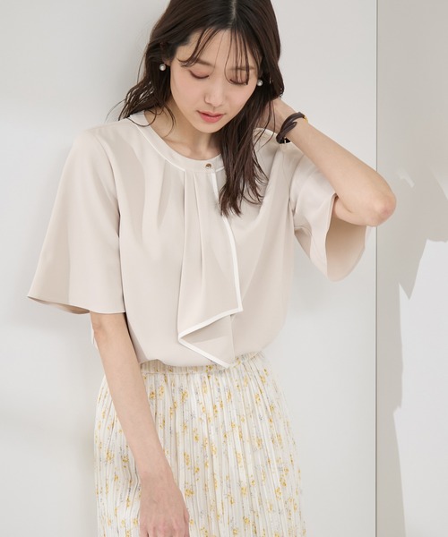 WEB限定サイズ】配色ボウタイ風ハーフスリーブブラウス/通勤対応