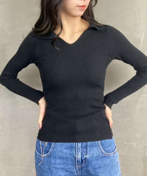 tolene(トレネ)の「オープンカラー タイトシルエット Vネック ニットプルオーバー(ニット/セーター・レディース・ブラック・FREE)」の4枚目の写真