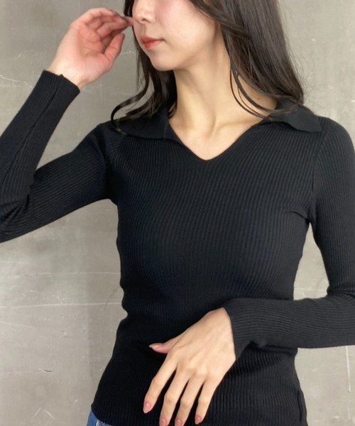 tolene(トレネ)の「オープンカラー タイトシルエット Vネック ニットプルオーバー(ニット/セーター・レディース・ブラック・FREE)」の6枚目の写真