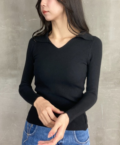 tolene(トレネ)の「オープンカラー タイトシルエット Vネック ニットプルオーバー(ニット/セーター・レディース・ブラック・FREE)」の7枚目の写真