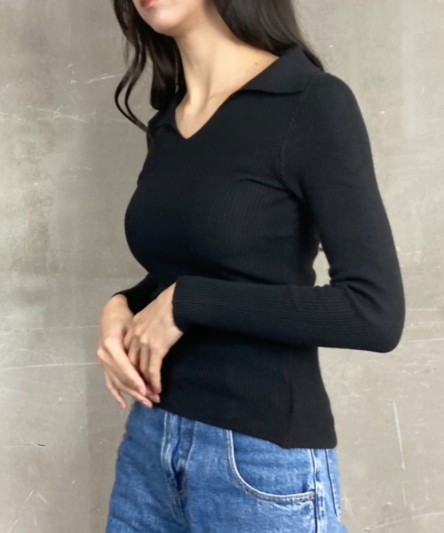 tolene(トレネ)の「オープンカラー タイトシルエット Vネック ニットプルオーバー(ニット/セーター・レディース・ブラック・FREE)」の9枚目の写真