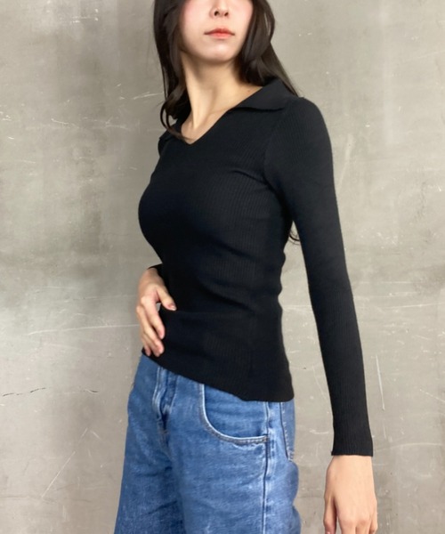 tolene(トレネ)の「オープンカラー タイトシルエット Vネック ニットプルオーバー(ニット/セーター・レディース・ブラック・FREE)」の10枚目の写真