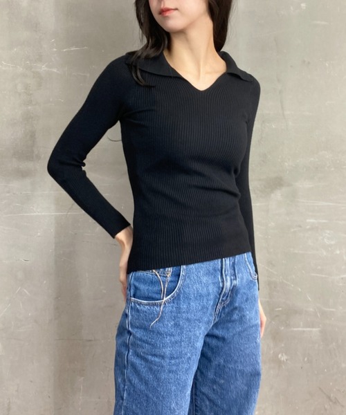 tolene(トレネ)の「オープンカラー タイトシルエット Vネック ニットプルオーバー(ニット/セーター・レディース・ブラック・FREE)」の11枚目の写真