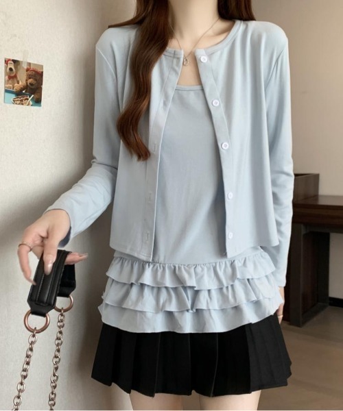 LAC-VERT(ラック・ヴェール)の「カーディガン+フリルチュニックセット(カーディガン/ボレロ・レディース・ホワイト/ブルー/グレー・FREE)」の3枚目の写真