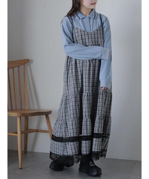 ehka sopo(エヘカソポ)の「レース付きチェックキャミワンピース(ワンピース・レディース・ブラック/ブルー/グリーン・F)」の2枚目の写真