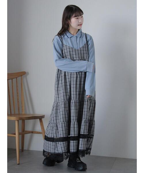 ehka sopo(エヘカソポ)の「レース付きチェックキャミワンピース(ワンピース・レディース・ブラック/ブルー/グリーン・F)」の5枚目の写真