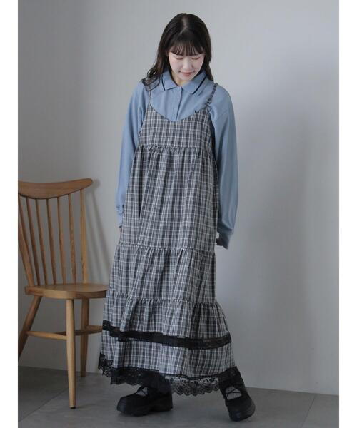 ehka sopo(エヘカソポ)の「レース付きチェックキャミワンピース(ワンピース・レディース・ブラック/ブルー/グリーン・F)」の6枚目の写真