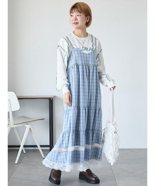 ehka sopo(エヘカソポ)の「レース付きチェックキャミワンピース(ワンピース・レディース・ブラック/ブルー/グリーン・F)」の12枚目の写真