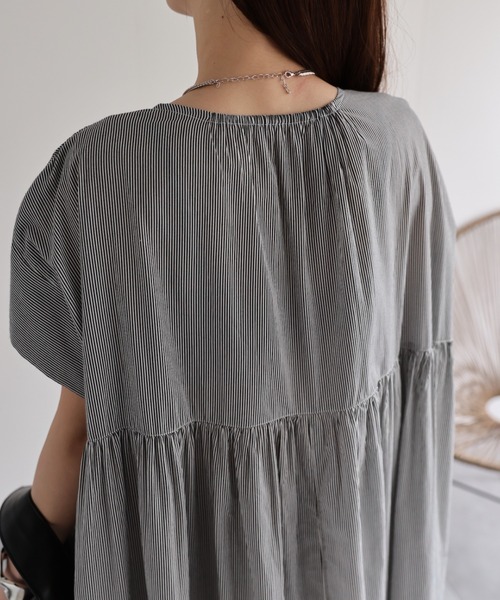 sakishimatokyo（サキシマトーキョー）の「＜sakishimatokyo premium＞ピンタック入り ストライプワンピース/インド綿/インドコットン（シャツワンピース・レディース・オフホワイト/ブルー・M/L）」の5枚目の写真