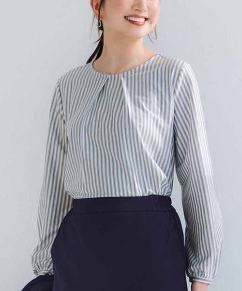 IEDIT(イディット)の「IEDIT Tシャツ感覚で着られるカットソーストライプブラウス(シャツ/ブラウス・レディース・グレー/ブルー・M/L/LL/3L/S)」の1枚目の写真