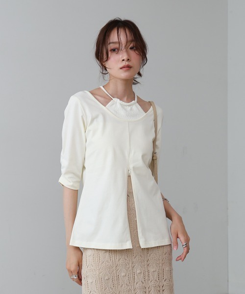 Bab(バブ)の「レイヤード風フロントジップトップス(Tシャツ/カットソー・レディース・ブラウン/オフホワイト/チャコールグレー・FREE)」の1枚目の写真