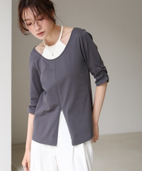 Bab(バブ)の「レイヤード風フロントジップトップス(Tシャツ/カットソー・レディース・ブラウン/オフホワイト/チャコールグレー・FREE)」の20枚目の写真