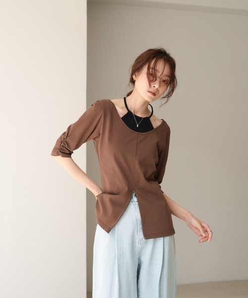 Bab(バブ)の「レイヤード風フロントジップトップス(Tシャツ/カットソー・レディース・ブラウン/オフホワイト/チャコールグレー・FREE)」の16枚目の写真