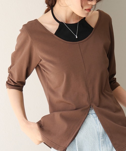 Bab(バブ)の「レイヤード風フロントジップトップス(Tシャツ/カットソー・レディース・ブラウン/オフホワイト/チャコールグレー・FREE)」の15枚目の写真