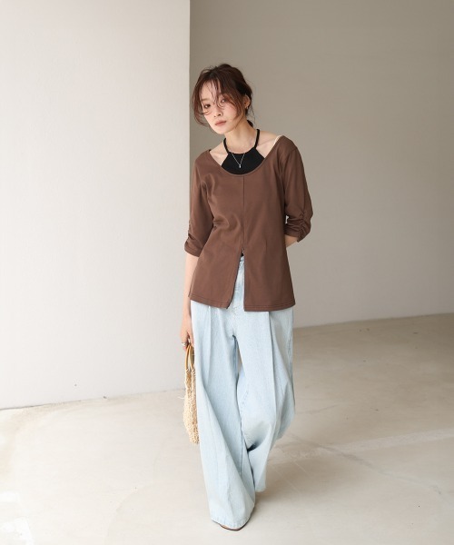 Bab(バブ)の「レイヤード風フロントジップトップス(Tシャツ/カットソー・レディース・ブラウン/オフホワイト/チャコールグレー・FREE)」の14枚目の写真