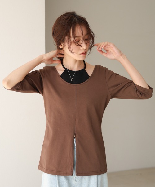 Bab(バブ)の「レイヤード風フロントジップトップス(Tシャツ/カットソー・レディース・ブラウン/オフホワイト/チャコールグレー・FREE)」の11枚目の写真