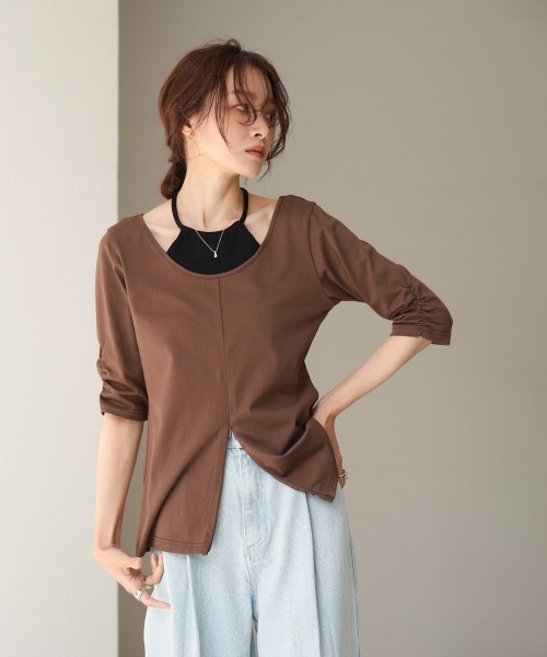 Bab(バブ)の「レイヤード風フロントジップトップス(Tシャツ/カットソー・レディース・ブラウン/オフホワイト/チャコールグレー・FREE)」の8枚目の写真