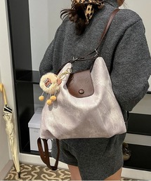 Y2Kチャーム付き大容量バッグ フラップアクセント 配色ベルトバッグ 通勤用/3WAY