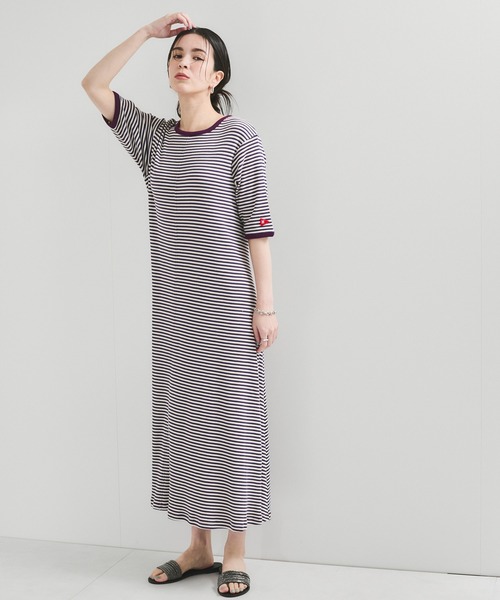 Healthknit(ヘルスニット)の「【Healthknit/ヘルスニット】別注/クルーネックボーダーワンピース(ワンピース・レディース・パープル系その他2/オレンジ系その他2・FREE)」の1枚目の写真