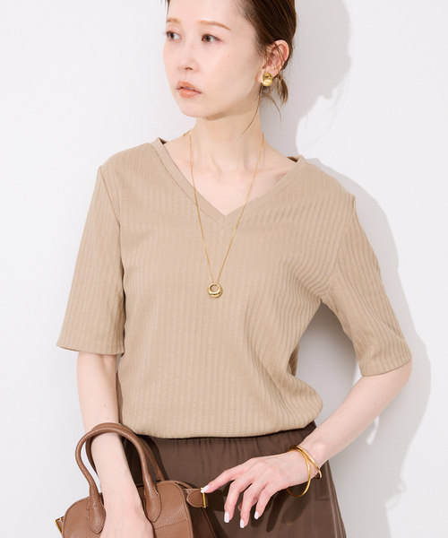 IENAリブVネックプルオーバー新品 汗染み防止/抗菌防臭》リブVネックプルオーバー（Tシャツ