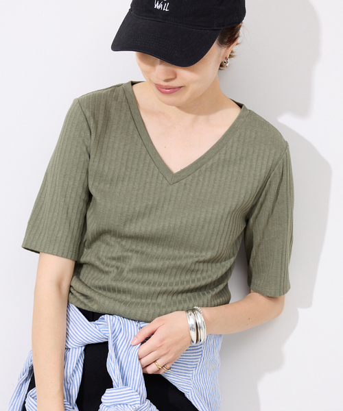 汗染み防止/抗菌防臭》リブVネックプルオーバー（Tシャツ