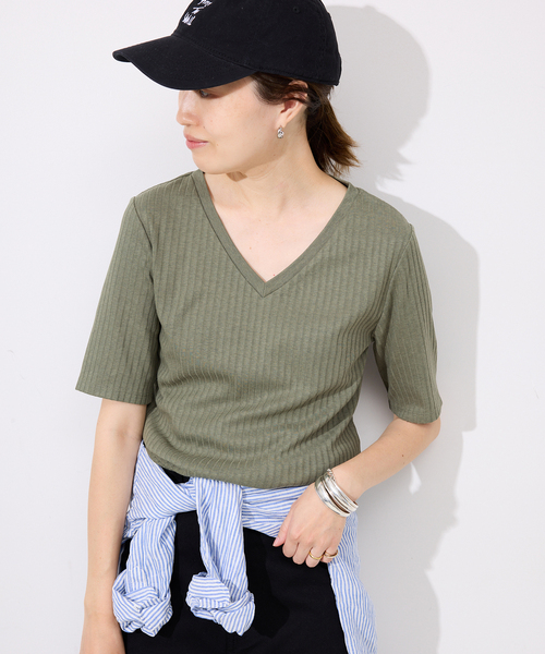 IENAリブVネックプルオーバー新品 汗染み防止/抗菌防臭》リブVネックプルオーバー（Tシャツ