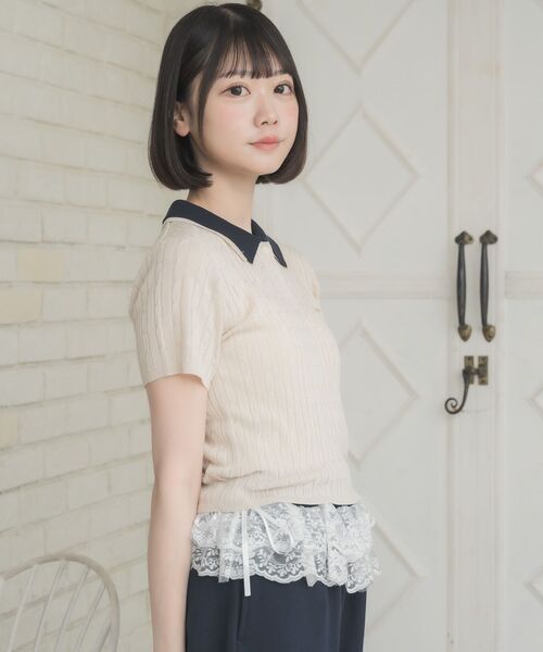 ems excite（エムズエキサイト）の「2枚襟ケーブルNTPO（ニット/セーター・レディース・ダークブルー/ナチュラル/ピンク/ブルー・FREE）」の7枚目の写真