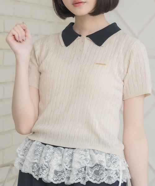 ems excite（エムズエキサイト）の「2枚襟ケーブルNTPO（ニット/セーター・レディース・ダークブルー/ナチュラル/ピンク/ブルー・FREE）」の2枚目の写真