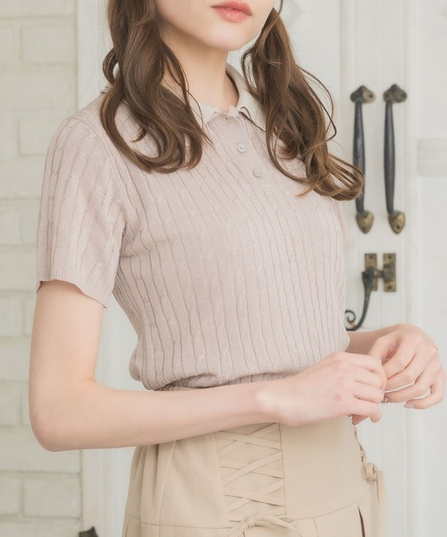 ems excite（エムズエキサイト）の「2枚襟ケーブルNTPO（ニット/セーター・レディース・ダークブルー/ナチュラル/ピンク/ブルー・FREE）」の4枚目の写真