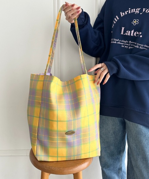 セール】【A4収納可】チェック柄縦型リバーシブルトートバッグ（トート