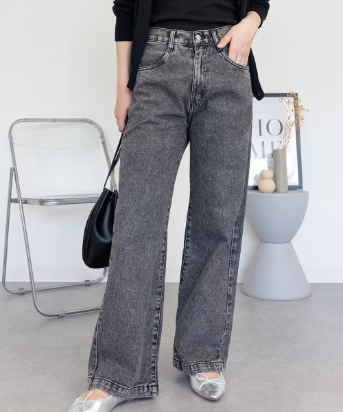 RCD(アールシーディー)の「コットンデニムワイドパンツ(デニムパンツ・レディース・ブラック系その他/ライトブルー/ネイビー・M/LL/L)」の1枚目の写真