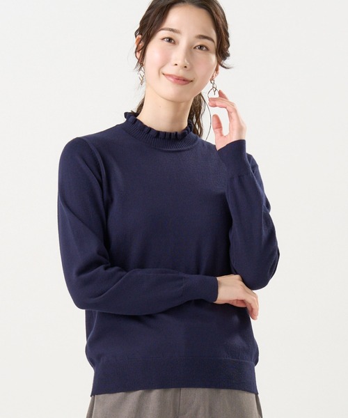 TOKYO SHIRTS（トウキョウシャツ）の「もちもち フリルネック プルオーバー（ニット/セーター・レディース・ネイビー/ブルー/グレー・M/L/LL）」の3枚目の写真