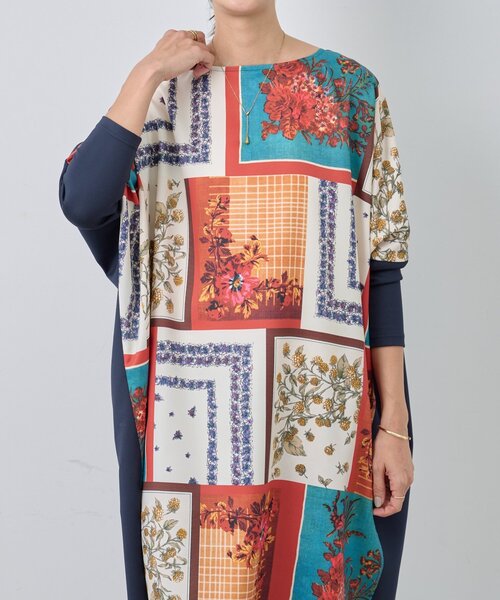 セール】スカーフパッチワークプリントワンピース（ワンピース